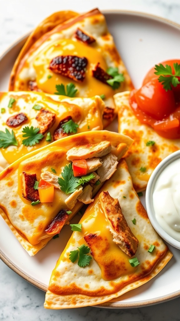 Delicious Quesadilla Fillings Ideas Golden-brown quesadillas filled with cheese and chicken, served with salsa and sour cream.